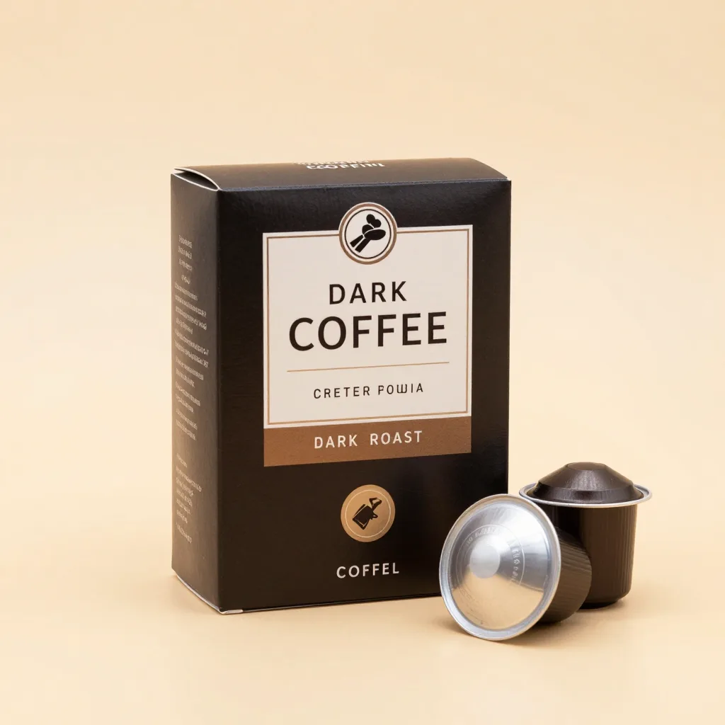 A box of dark roast coffee pods on a light background