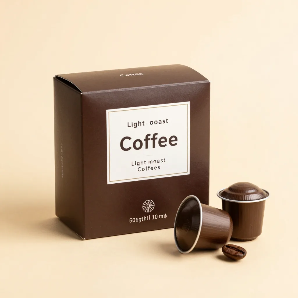 A box of light roast coffee pods on a light background