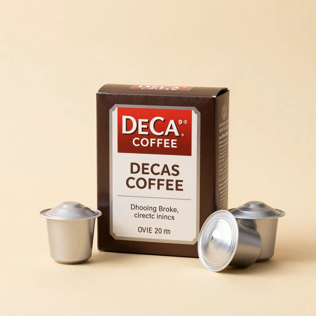 A box of decaf coffee pods on a light background