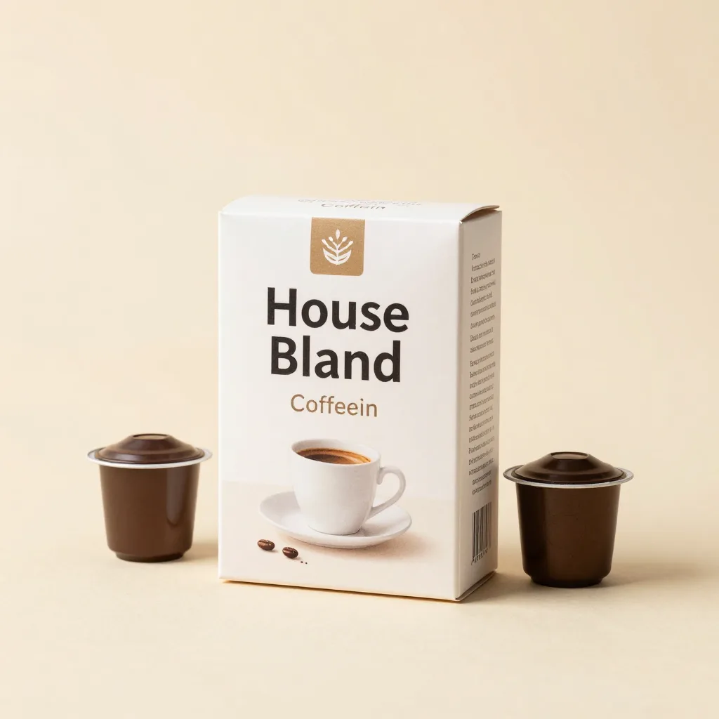 A box of house blend coffee pods on a light background