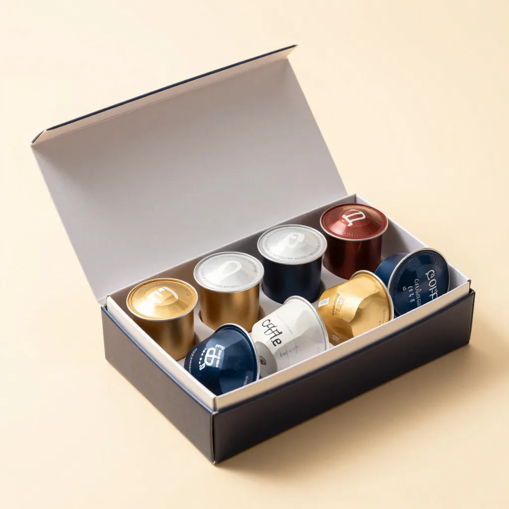 A sampler box of coffee pods on a light background
