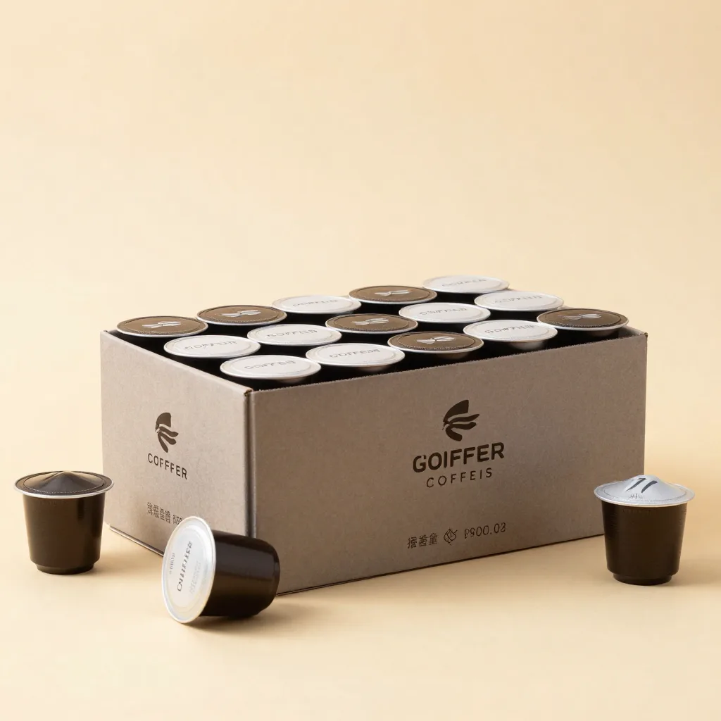 A large box of coffee pods on a light background